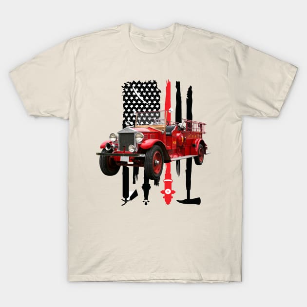 Vintage Fire Truck with Firefighter Flag T-Shirt by Dragon Sales Designs 